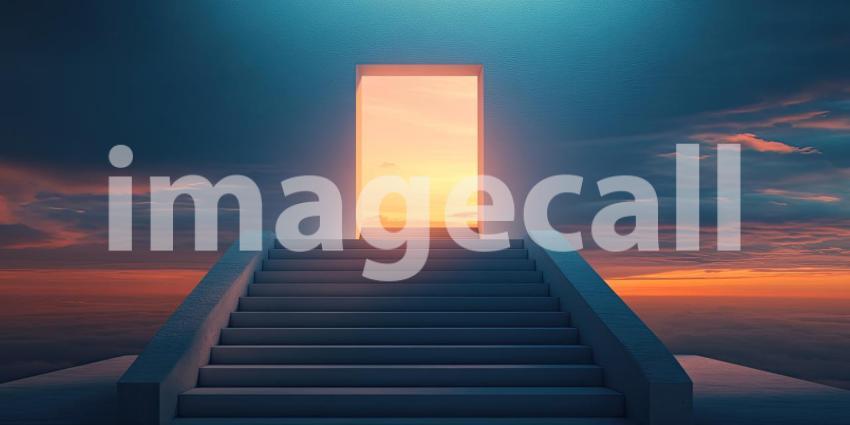 A Staircase Ascending Towards an Open Door, Revealing a Vibrant Sunset and Endless Horizons