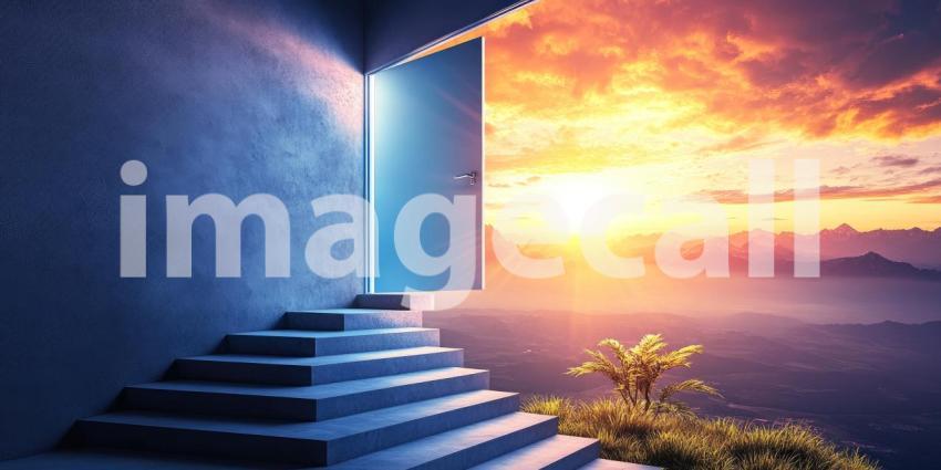 A Staircase Ascending Towards an Open Door, Revealing a Vibrant Sunset and Endless Horizons