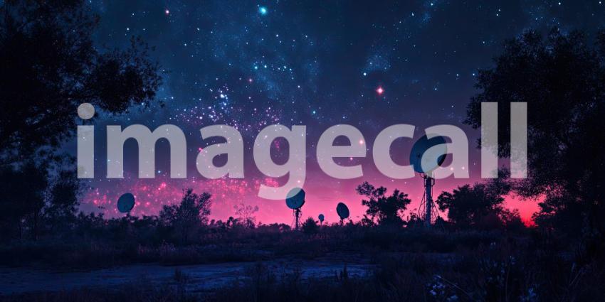 Cosmic Road: A Path Illuminated by Red Lanterns, Leading Through a Snowy Forest Towards a Starry Night Sky