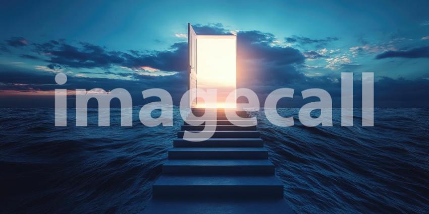 A Staircase Ascending Towards an Open Door, Revealing a Vibrant Sunset and Endless Horizons