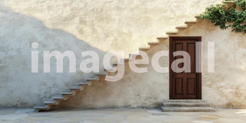 A Staircase Ascending Towards an Open Door, Revealing a Vibrant Sunset and Endless Horizons