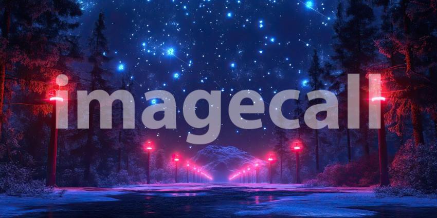 Cosmic Road: A Path Illuminated by Red Lanterns, Leading Through a Snowy Forest Towards a Starry Night Sky