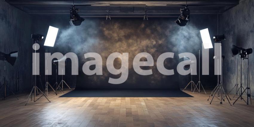 Stage Ready: A Professional Photography Studio with a Dark Backdrop, Dramatic Lighting, and Fog Effects