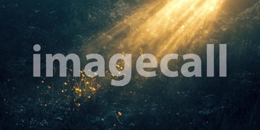 Golden Hour Awakening: A Ray of Sunlight Pierces the Darkness, Illuminating Delicate Flowers in a Mystical Meadow