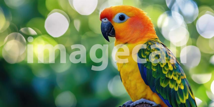 Vibrant Sun Conure: A Colorful Parrot Perched on a Branch, Basking in the Warm Sunlight