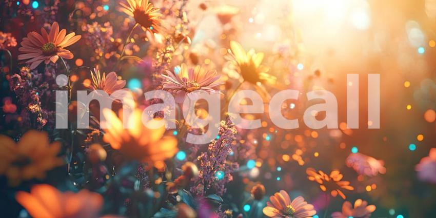 A Daydream in Sunlight: Daisies Bloom in a Sun-Dappled Garden, Surrounded by Sparkling Pebbles and Dancing Bubbles