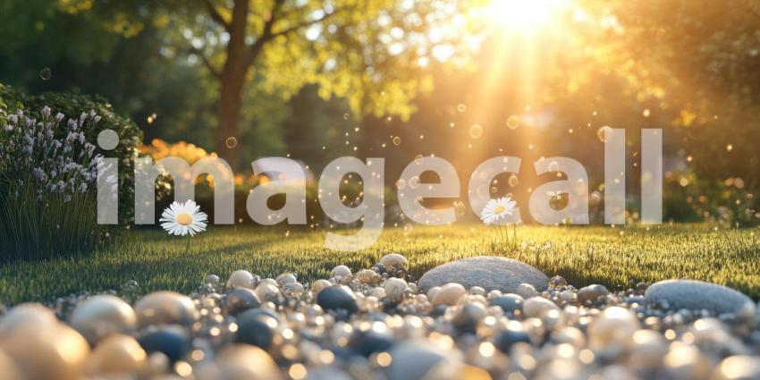 A Daydream in Sunlight: Daisies Bloom in a Sun-Dappled Garden, Surrounded by Sparkling Pebbles and Dancing Bubbles