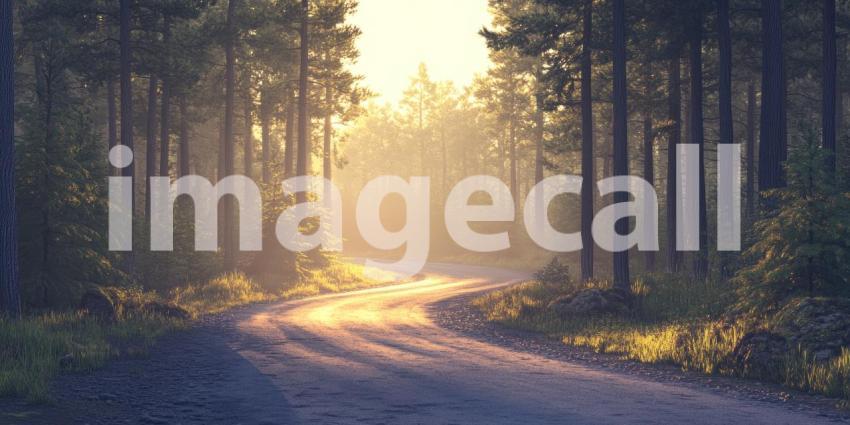 Sunlight-Kissed Road: A Winding Path Through a Verdant Forest, Bathed in Warm Morning Light