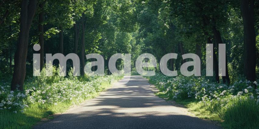 Sunlight-Kissed Road: A Winding Path Through a Verdant Forest, Bathed in Warm Morning Light