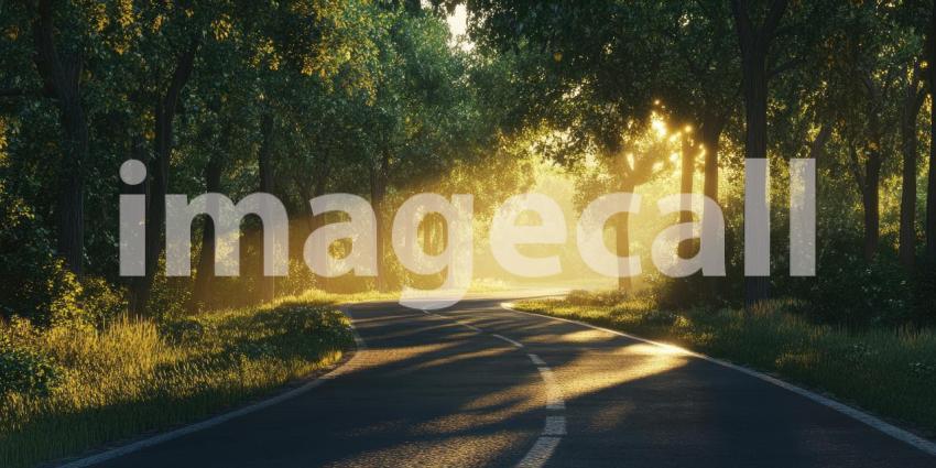 Sunlight-Kissed Road: A Winding Path Through a Verdant Forest, Bathed in Warm Morning Light