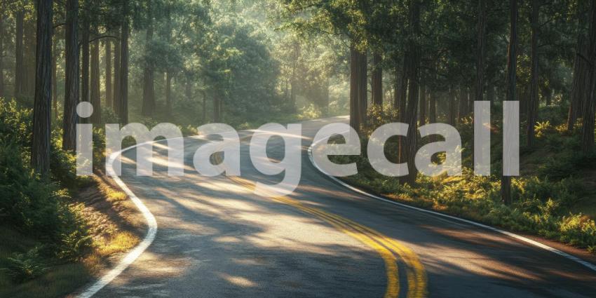 Sunlight-Kissed Road: A Winding Path Through a Verdant Forest, Bathed in Warm Morning Light