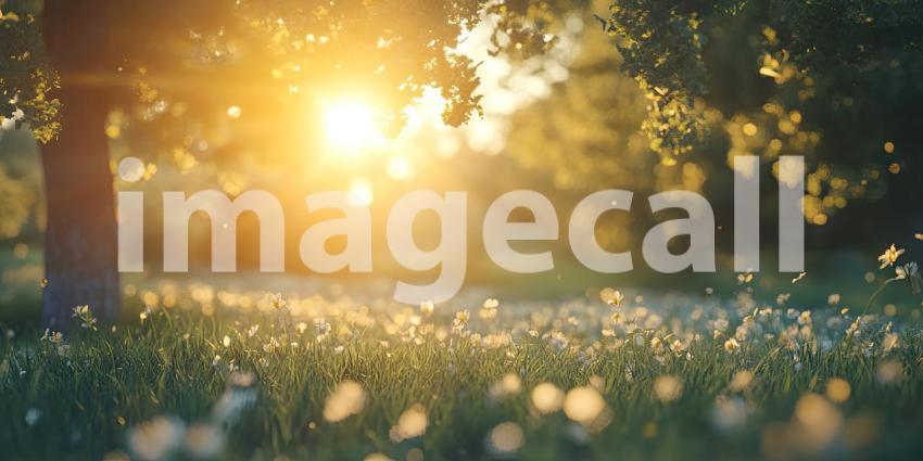 Golden Hour Meadow: Sunlight Filtering Through Leaves, Illuminating a Field of Delicate Wildflowers