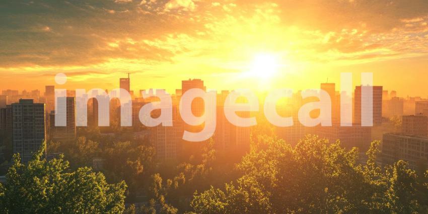 Golden Hour Metropolis: A Cityscape Bathed in the Warm Glow of a Sunset, Casting Long Shadows and Illuminating the Urban Skyline