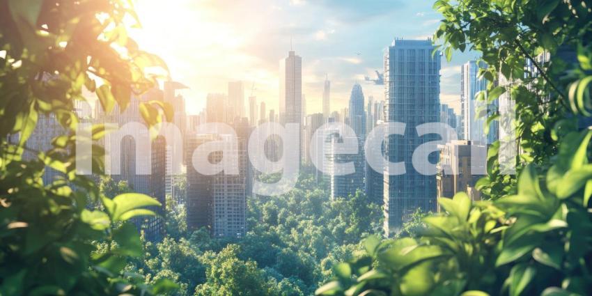 Golden Hour Metropolis: A Cityscape Bathed in the Warm Glow of a Sunset, Casting Long Shadows and Illuminating the Urban Skyline