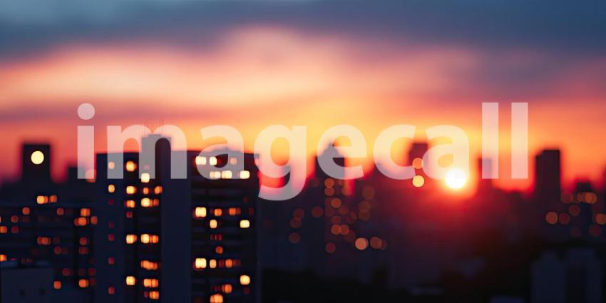 Urban Twilight: A Luxurious Penthouse Apartment, Bathed in Warm Sunset Hues, Offers Breathtaking Views of a Cityscape Awash in Lights