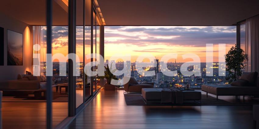 Urban Twilight: A Luxurious Penthouse Apartment, Bathed in Warm Sunset Hues, Offers Breathtaking Views of a Cityscape Awash in Lights