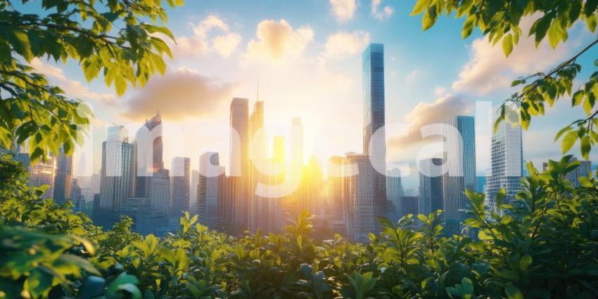 Golden Hour Metropolis: A Cityscape Bathed in the Warm Glow of a Sunset, Casting Long Shadows and Illuminating the Urban Skyline