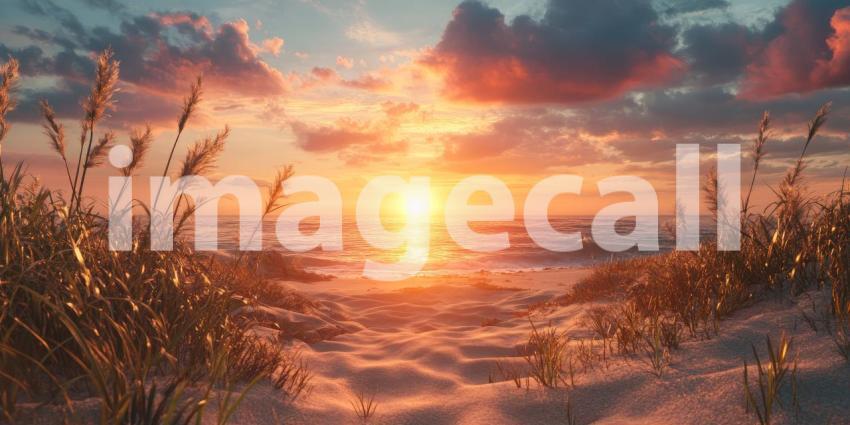 Crimson Coast: A Fiery Sunset Bathes the Beach in Warm Hues, Casting Long Shadows Across the Sand