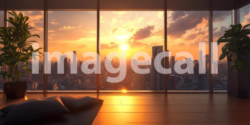 Urban Twilight: A Luxurious Penthouse Apartment, Bathed in Warm Sunset Hues, Offers Breathtaking Views of a Cityscape Awash in Lights