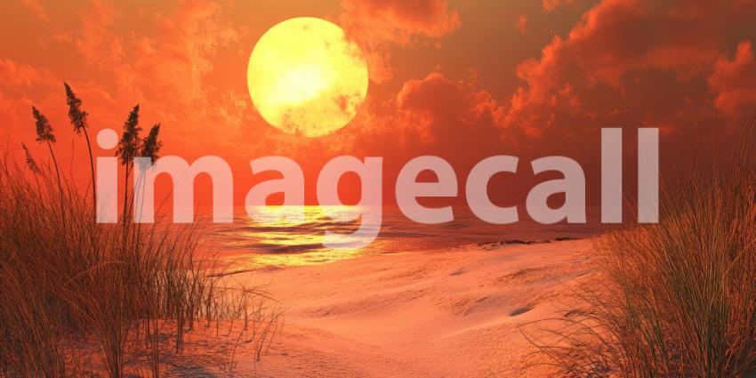 Crimson Coast: A Fiery Sunset Bathes the Beach in Warm Hues, Casting Long Shadows Across the Sand