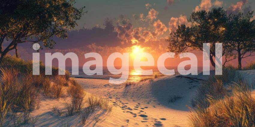 Crimson Coast: A Fiery Sunset Bathes the Beach in Warm Hues, Casting Long Shadows Across the Sand