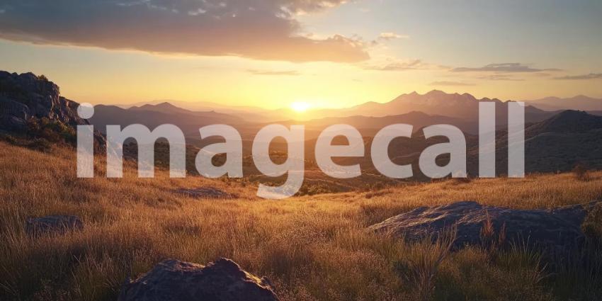 Golden Hour Panorama: A breathtaking vista unfolds as the sun dips below the horizon, casting a warm glow over rolling hills and distant mountains, painting a picture of tranquility and awe