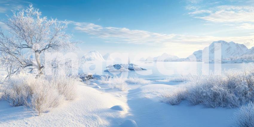 Winter Wonderland: A picturesque scene of snow-covered mountains, a tranquil lake, and a sky ablaze with the colors of a magical sunset, evokes a sense of serenity and wintertime enchantment