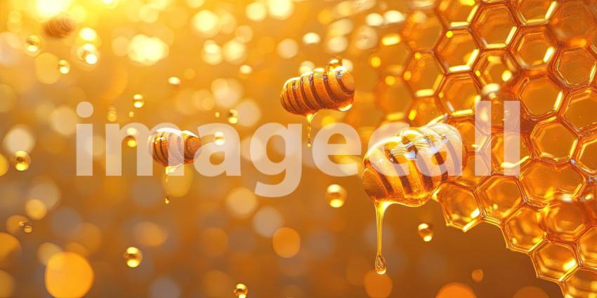Golden Nectar: A close-up of a honeycomb, dripping with golden honey, evokes the sweetness of nature's bounty