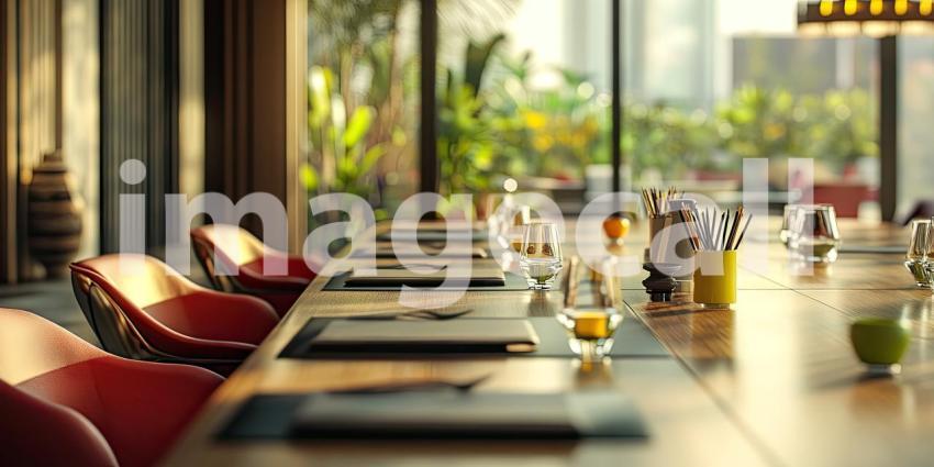Morning Meeting: A sun-drenched boardroom, bathed in warm light, awaits a productive gathering, with a table set for collaboration and a view that inspires