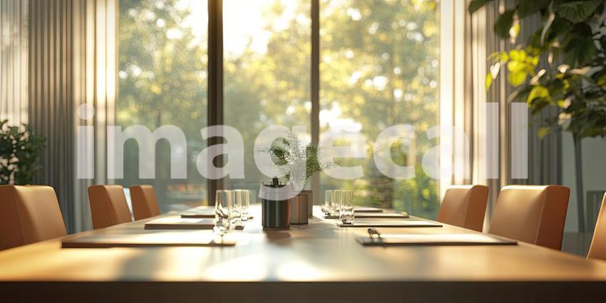 Morning Meeting: A sun-drenched boardroom, bathed in warm light, awaits a productive gathering, with a table set for collaboration and a view that inspires