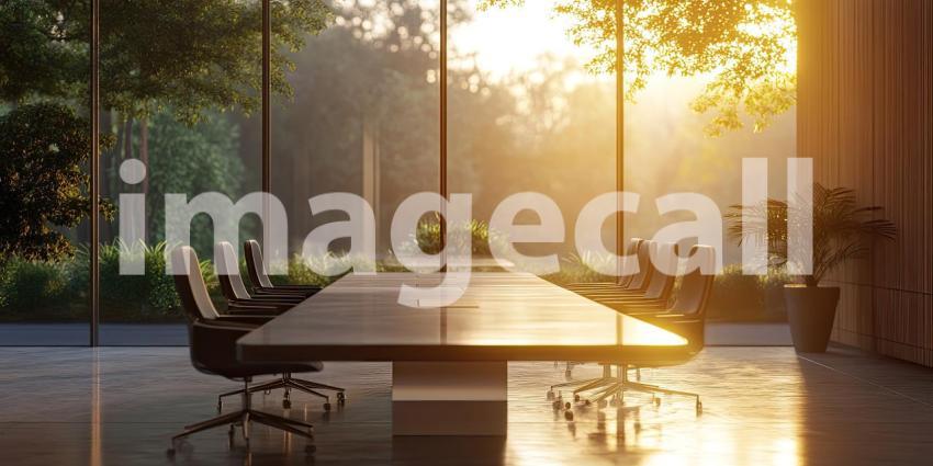 Morning Meeting: A sun-drenched boardroom, bathed in warm light, awaits a productive gathering, with a table set for collaboration and a view that inspires