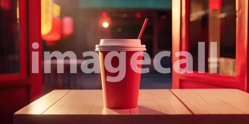 A Moment of Warmth: A steaming coffee, nestled in its cozy sleeve, awaits on a wooden counter in a dimly lit cafe, inviting a moment of relaxation and contemplation