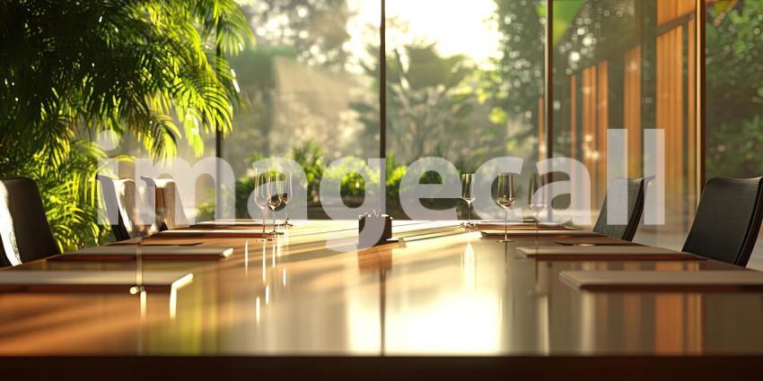 Morning Meeting: A sun-drenched boardroom, bathed in warm light, awaits a productive gathering, with a table set for collaboration and a view that inspires