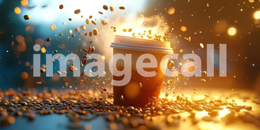 A Moment of Warmth: A steaming coffee, nestled in its cozy sleeve, awaits on a wooden counter in a dimly lit cafe, inviting a moment of relaxation and contemplation