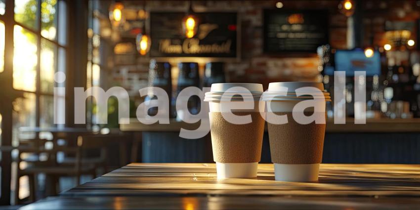 A Moment of Warmth: A steaming coffee, nestled in its cozy sleeve, awaits on a wooden counter in a dimly lit cafe, inviting a moment of relaxation and contemplation
