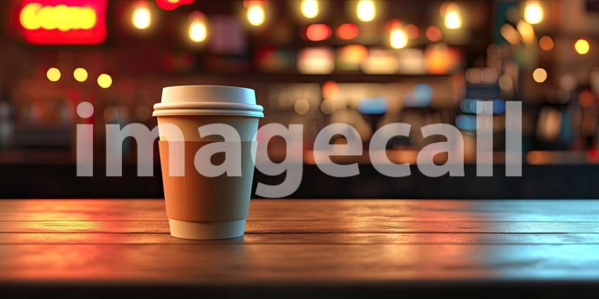 A Moment of Warmth: A steaming coffee, nestled in its cozy sleeve, awaits on a wooden counter in a dimly lit cafe, inviting a moment of relaxation and contemplation