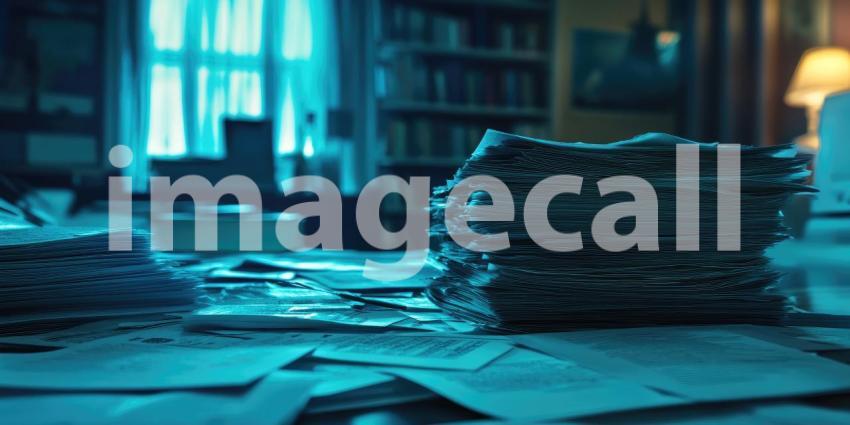 A Mountain of Paperwork: A towering stack of documents dominates a dimly lit desk, a testament to the overwhelming weight of bureaucracy and the endless cycle of paperwork