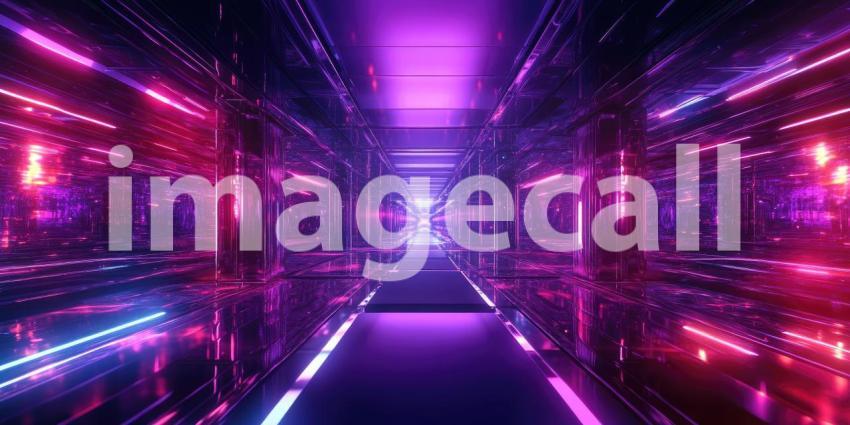 Neon Odyssey: A mesmerizing journey down a mirrored corridor, bathed in a symphony of vibrant neon lights, evokes a sense of futuristic wonder and boundless possibilities