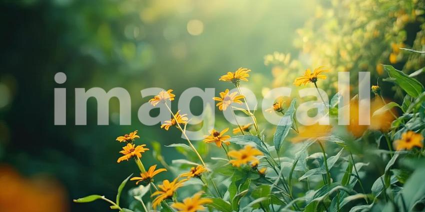 A Sunlit Symphony: A vibrant field of yellow flowers basks in the warm glow of the morning sun, creating a breathtaking scene of natural beauty and tranquility