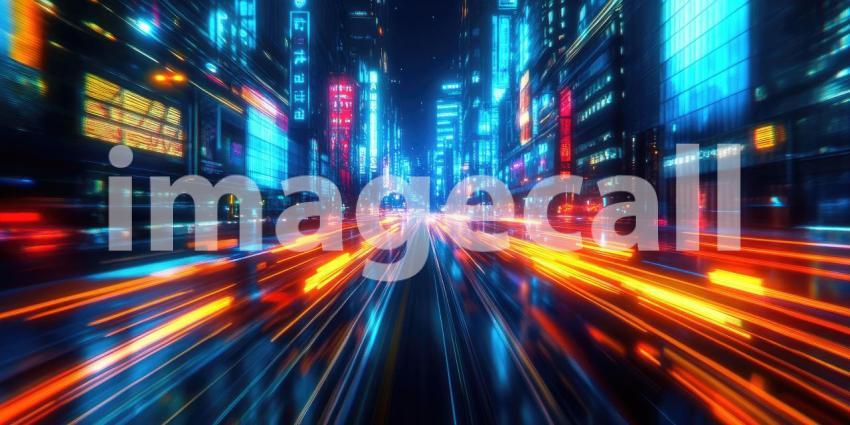 City of Lights: A mesmerizing night-time view of a bustling metropolis, where neon signs illuminate the streets and a symphony of vehicle lights streaks across the cityscape