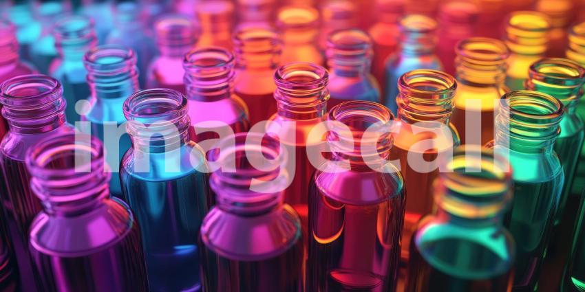 A Spectrum of Possibilities: A vibrant array of colorful vials, bathed in a kaleidoscope of light, hints at a world of scientific discovery and limitless potential