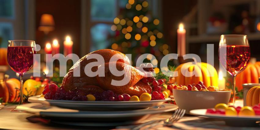 A Festive Feast: A golden-brown turkey, adorned with fresh grapes and nestled amidst a vibrant array of seasonal side dishes, takes center stage on a table laden with holiday cheer