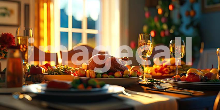 A Festive Feast: A golden-brown turkey, adorned with fresh grapes and nestled amidst a vibrant array of seasonal side dishes, takes center stage on a table laden with holiday cheer