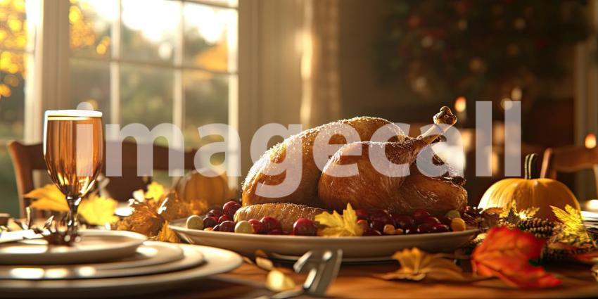 A Festive Feast: A golden-brown turkey, adorned with fresh grapes and nestled amidst a vibrant array of seasonal side dishes, takes center stage on a table laden with holiday cheer