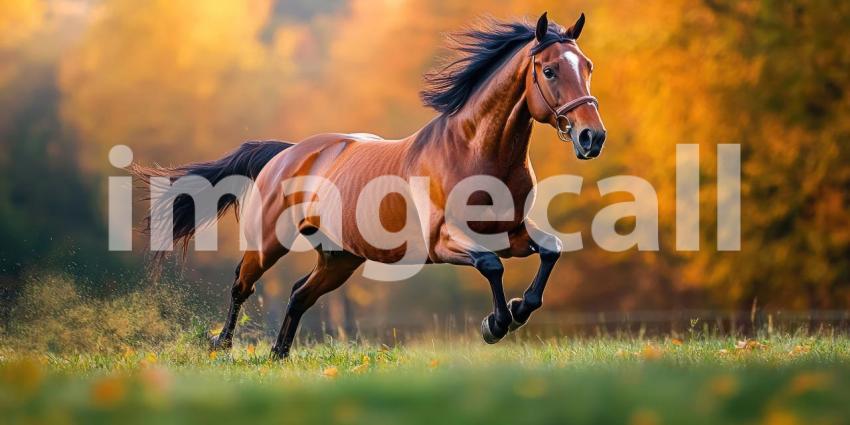 A Galloping Majesty: A magnificent bay horse, with a flowing mane and powerful stride, cuts through a verdant field, embodying grace, freedom, and the untamed spirit