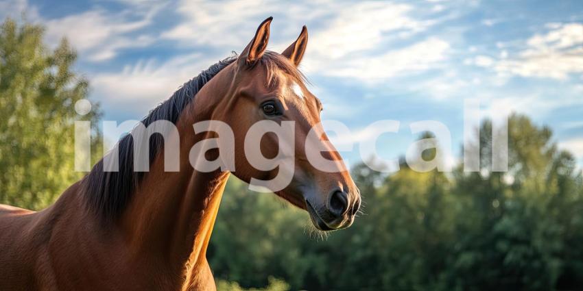 A Moment of Serenity: A chestnut horse, bathed in the warm glow of the morning sun, stands peacefully amidst a field of tall grass, embodying the tranquility of rural life