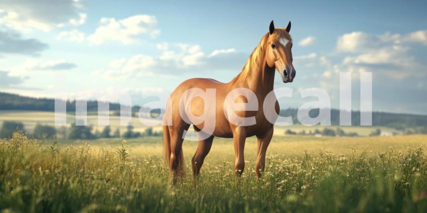 A Moment of Serenity: A chestnut horse, bathed in the warm glow of the morning sun, stands peacefully amidst a field of tall grass, embodying the tranquility of rural life