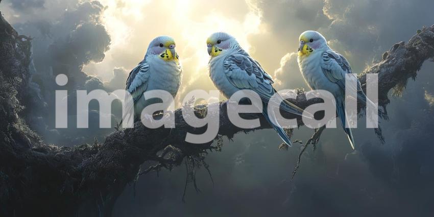 A Vibrant Trio: Three vibrant budgies, perched on a branch amidst a lush garden, showcase their colorful plumage and playful personalities