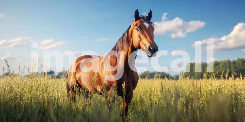 A Moment of Serenity: A chestnut horse, bathed in the warm glow of the morning sun, stands peacefully amidst a field of tall grass, embodying the tranquility of rural life