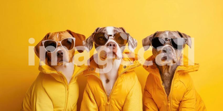 A Furry Fashion Trio: Three stylish canines, sporting sunglasses and matching yellow jackets, strike a pose with a touch of canine cool